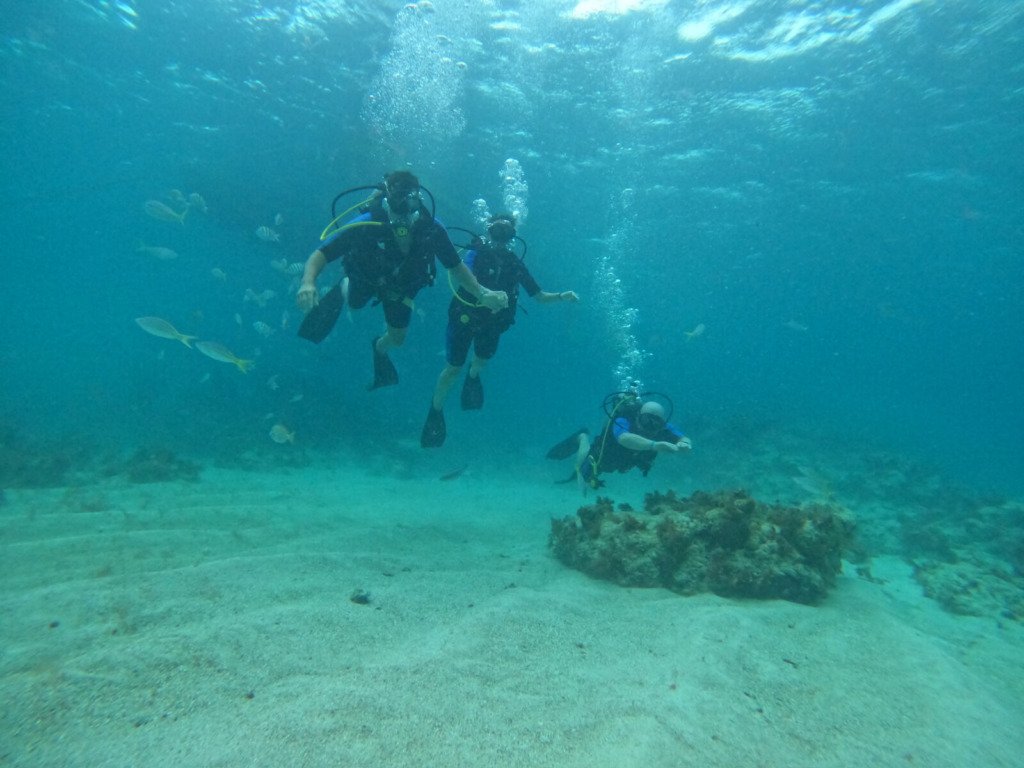 Buceador principiante practicando habilidades bajo el agua con un instructor